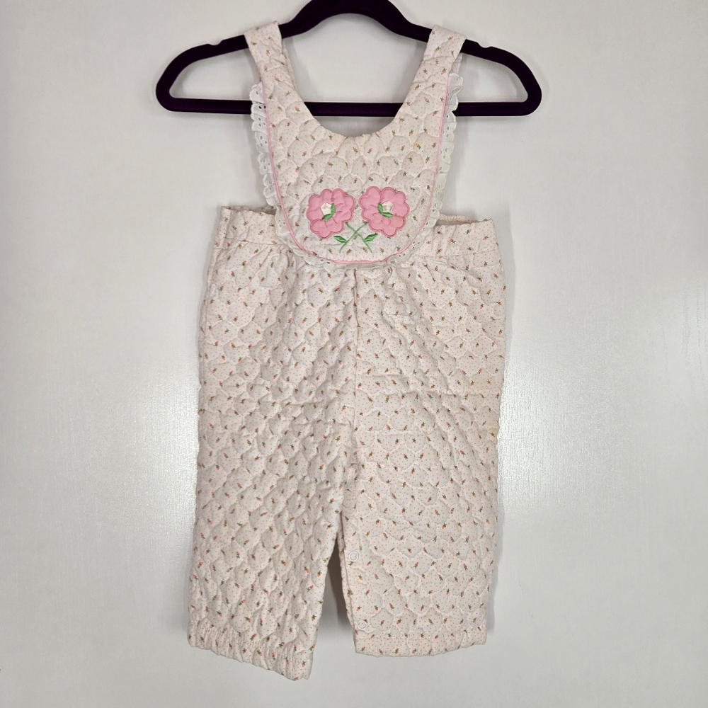 VTG Tiny Tots Baby Girl 12 months Quilted overalls Pink Floral Carrot Romper 90s
